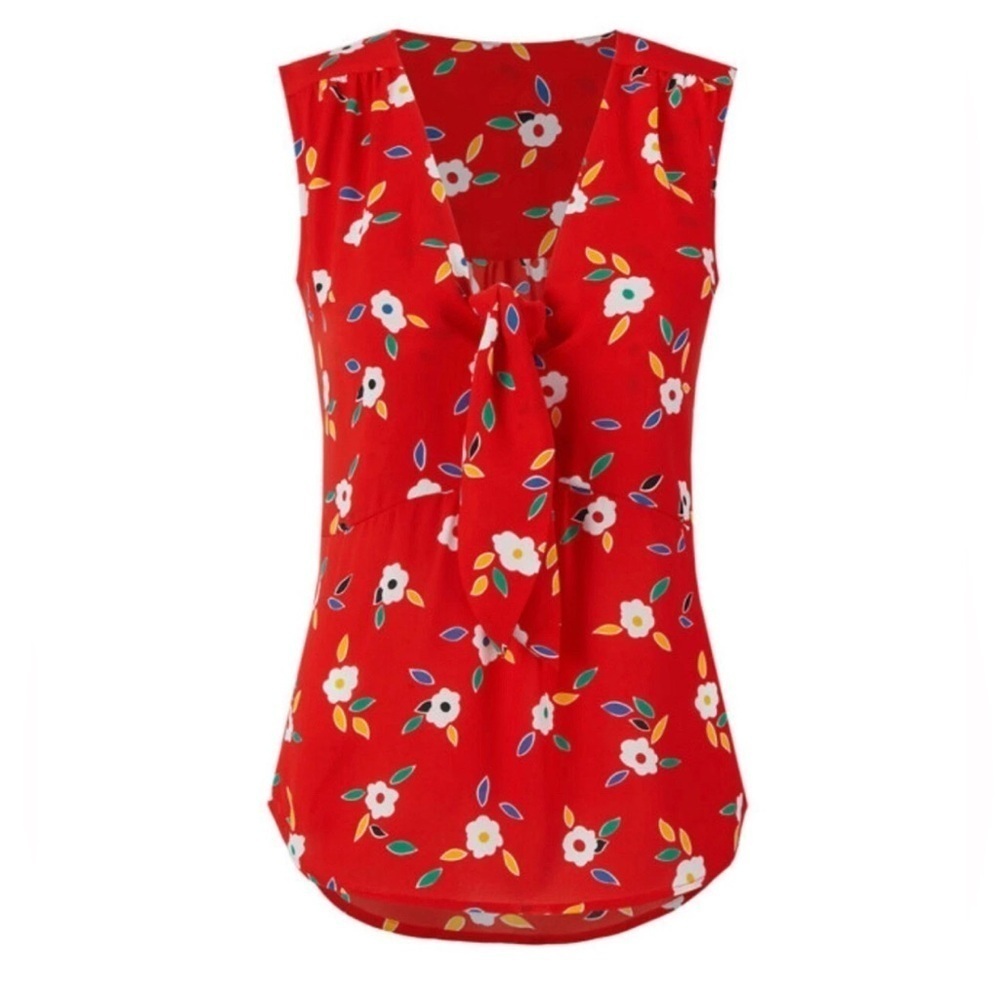 CAbi #5734 Heart Tied-Up Top Red Floral Print Tie Front V-Neck Size Medium